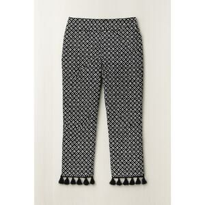 Chicos Womens Pants Size 0 ( 4) Black White Geometric Print Tassel Hem Crop Boho